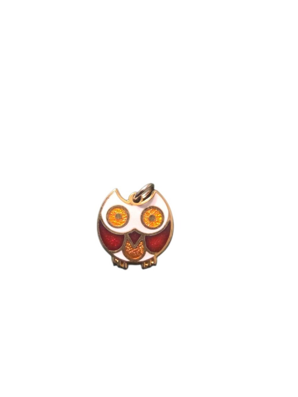 Vintage Enamel Owl Charm Gold Tone Red White Trinket Pendant